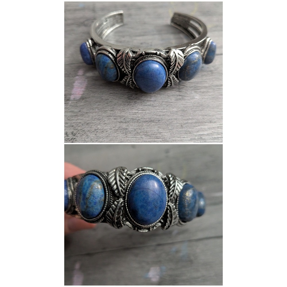 Vintage Style Silver Tone Faux Lapis Lazuli Cuff Bracelet Blue Stone Boho Boho